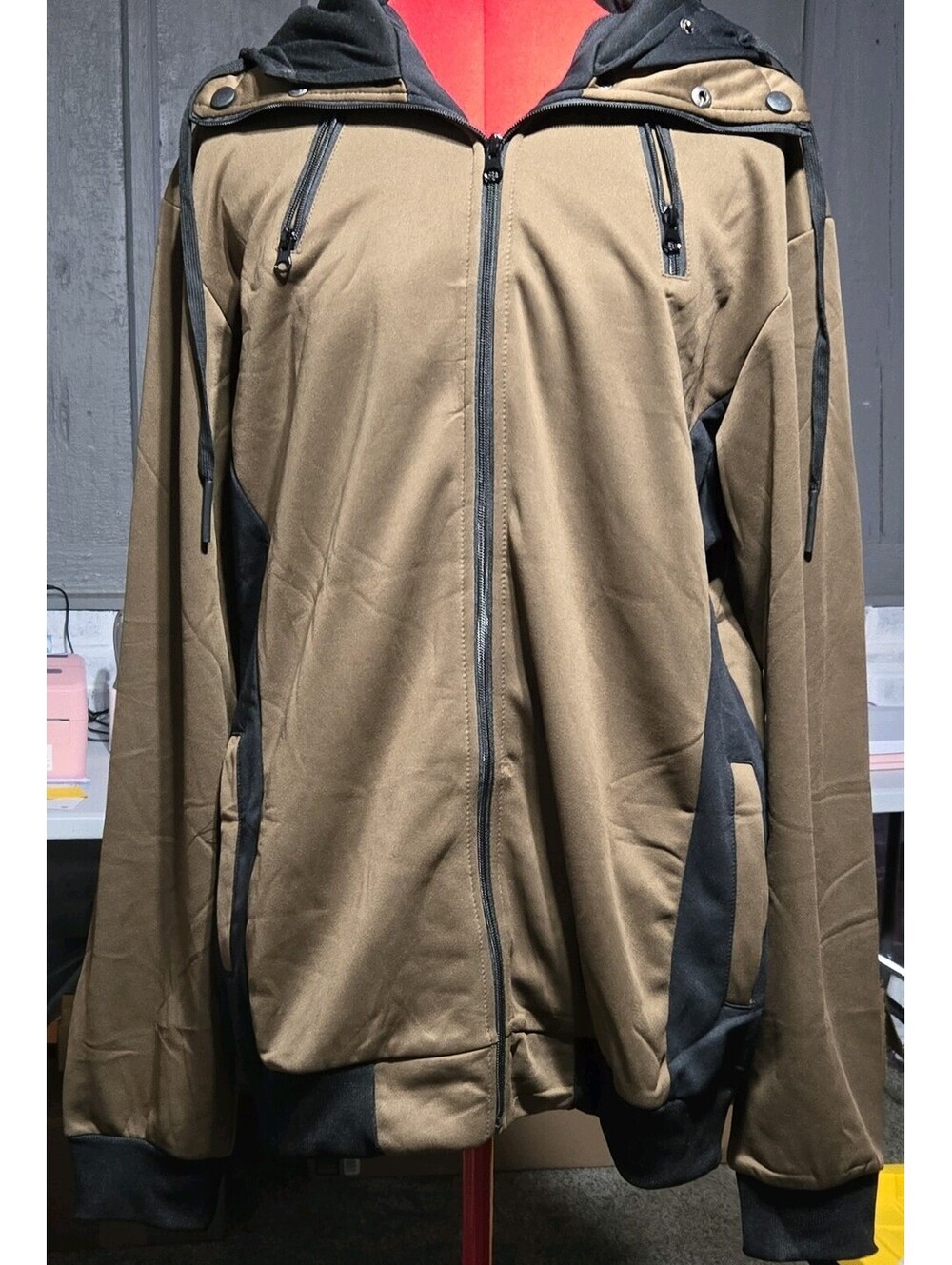 Men's Brown/Black Hooded Softshell Jacket XL Full Pockets